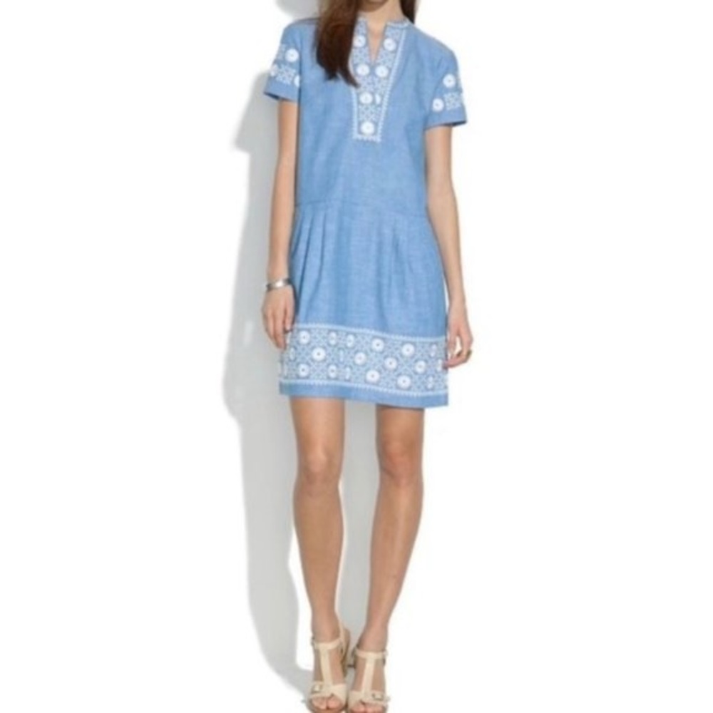 Madewell Chambray Dress Tunic with White Embroidery Detail and Pockets Size M